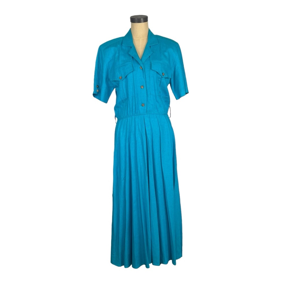 Vintage 80s bright‎ blue linen blend women’s maxi dress SZ 10